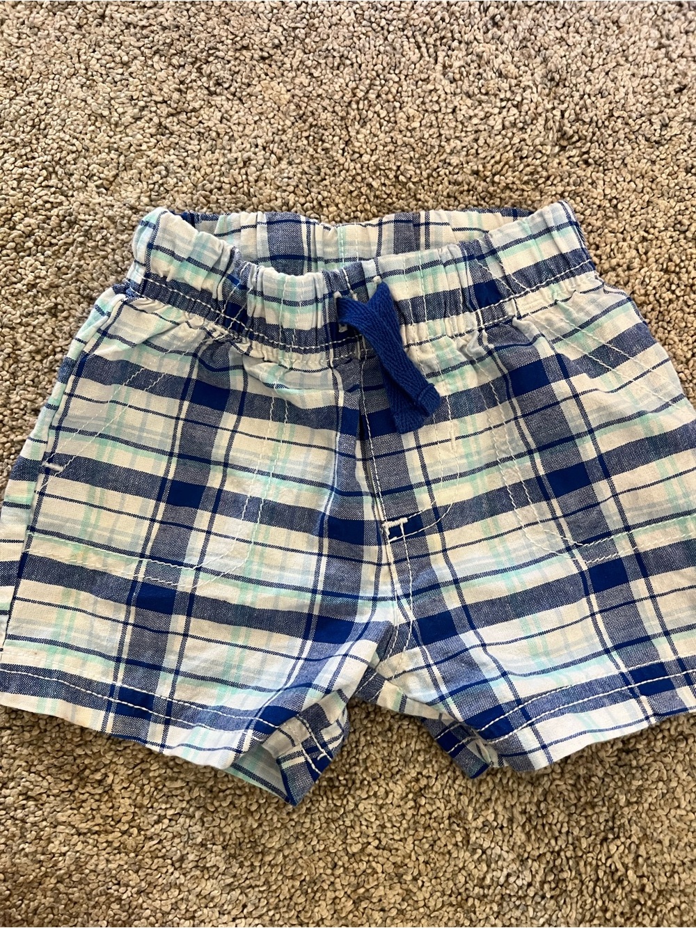 Carters Blue Plaid Baby Shorts with Drawstring and Pockets 3-6M